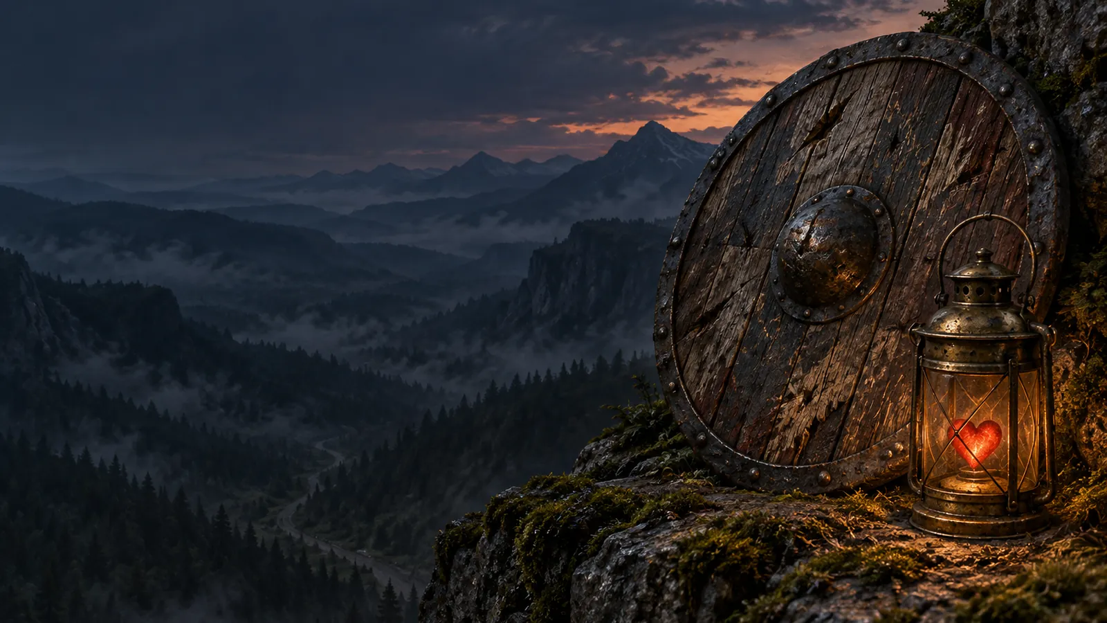 A battered wooden shield and a brass lantern with a red heart glowing inside, on a mossy ledge above a misty valley at dusk, for choosing a race for WoW Forever Hardcore