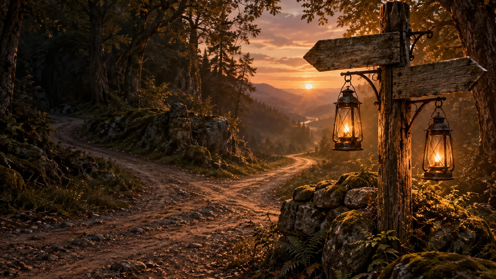 Two lanterns on a crossroads signpost where two forest roads meet at dusk, for leveling with friends on another start's road in WoW Forever