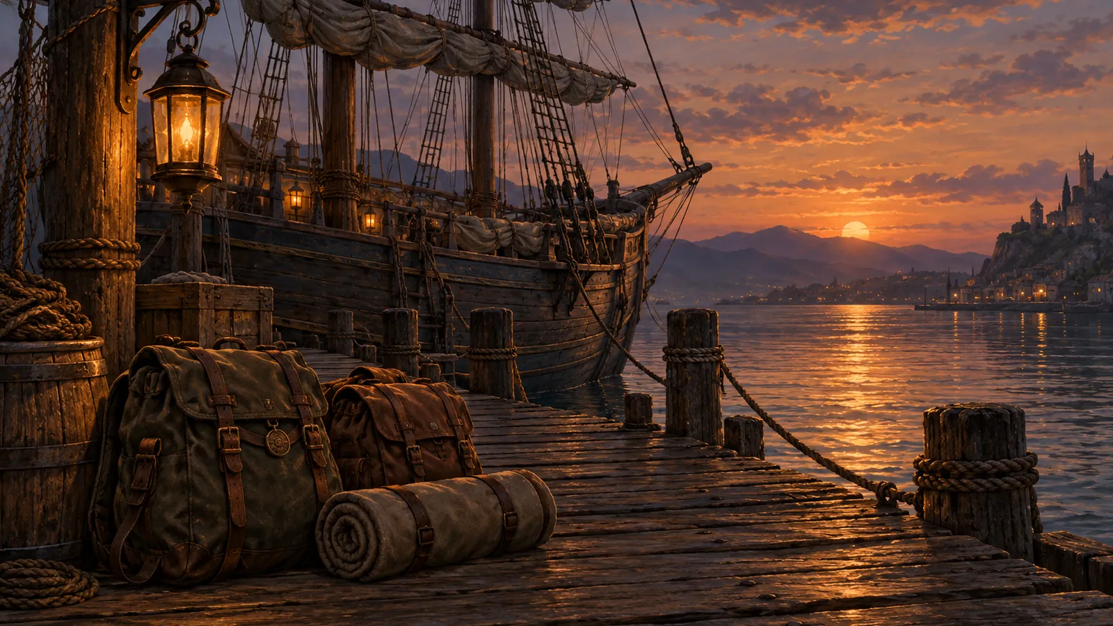 A lantern-lit harbor pier at dusk with a moored ship and two travel packs side by side, for travelling to a friend's starting zone in WoW Forever