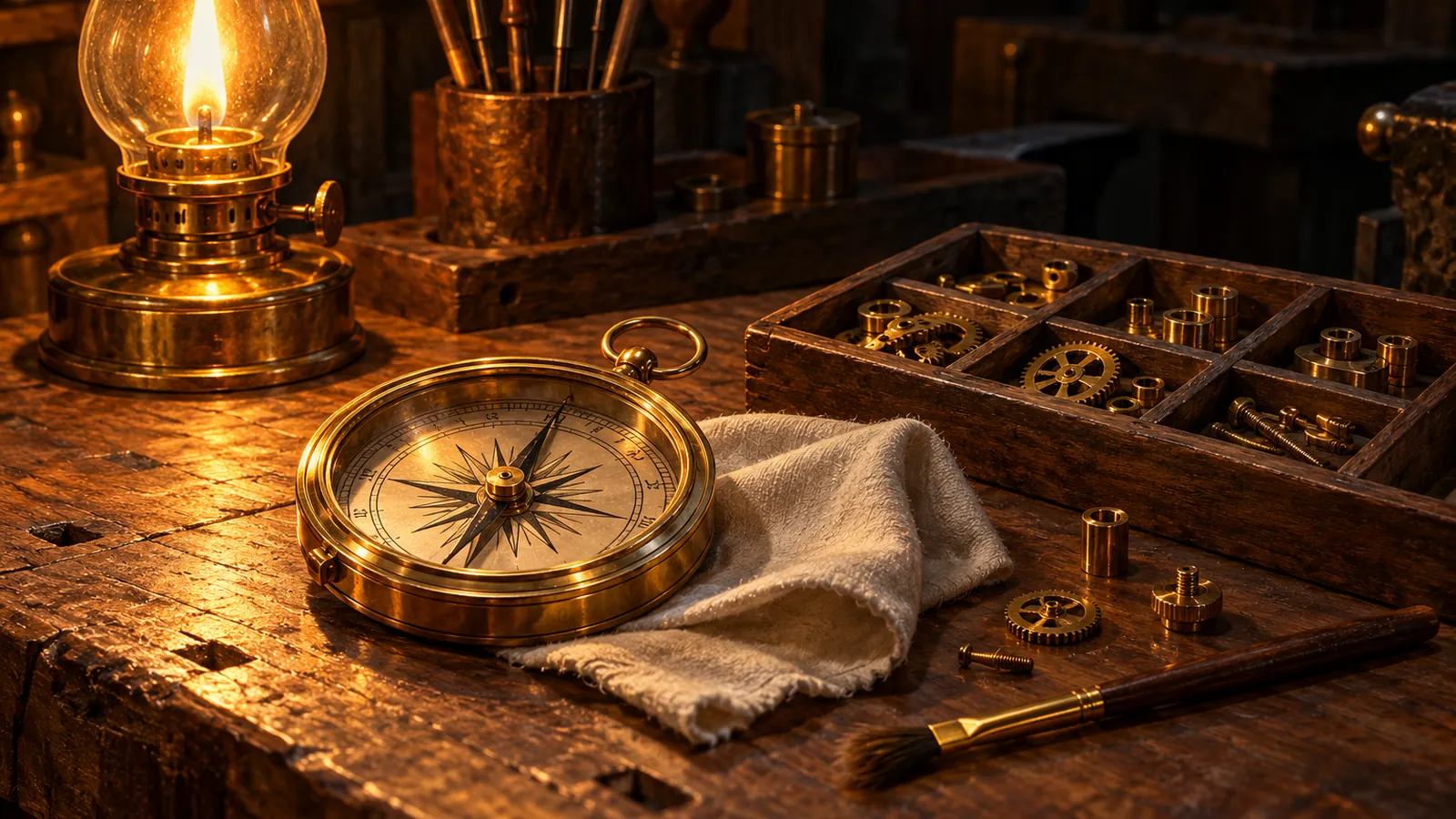 A craftsman's bench with a brass compass, polishing cloth and neatly sorted brass fittings under lamplight, for the BoF Guide 0.9.80 polish pass