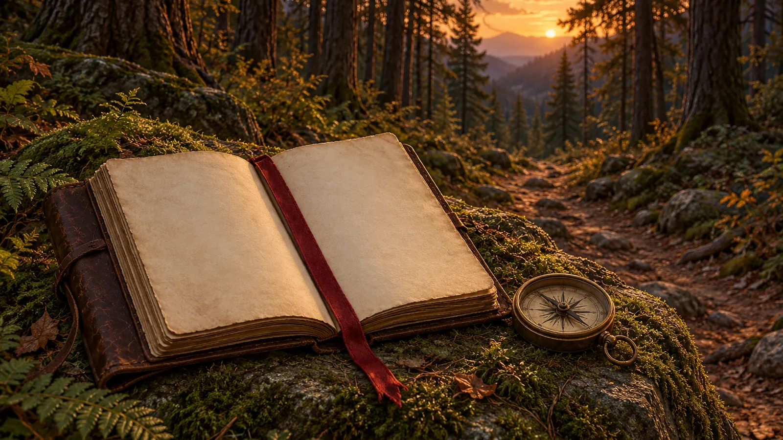 A traveler's journal open on a mossy stone with a bookmark ribbon and a compass, for the WoW Forever leveling guide's updates