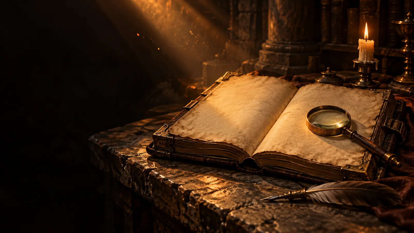 An open ledger with blank pages and a brass magnifying lens on a stone table, lit by a candle and a shaft of ember light