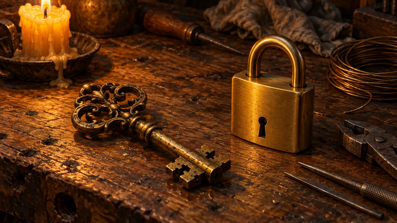 An old brass key beside a new brass lock on a wooden workbench, for Classic Era addons and the WoW Forever interface