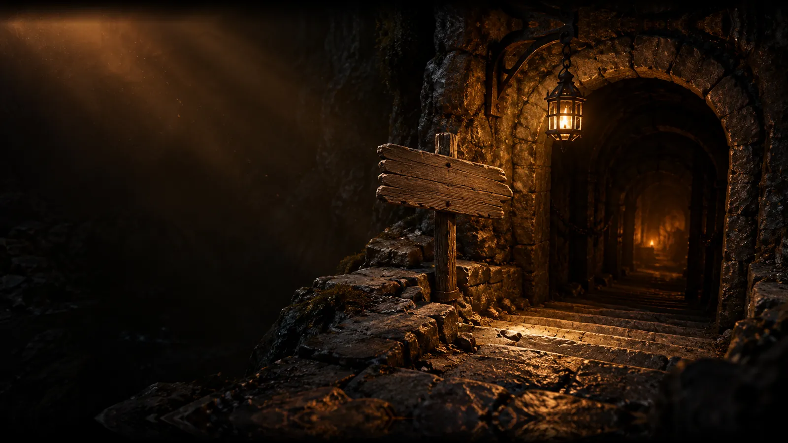 A worn stone stair leading down to a dungeon archway under a hanging lantern, a blank sign post beside it