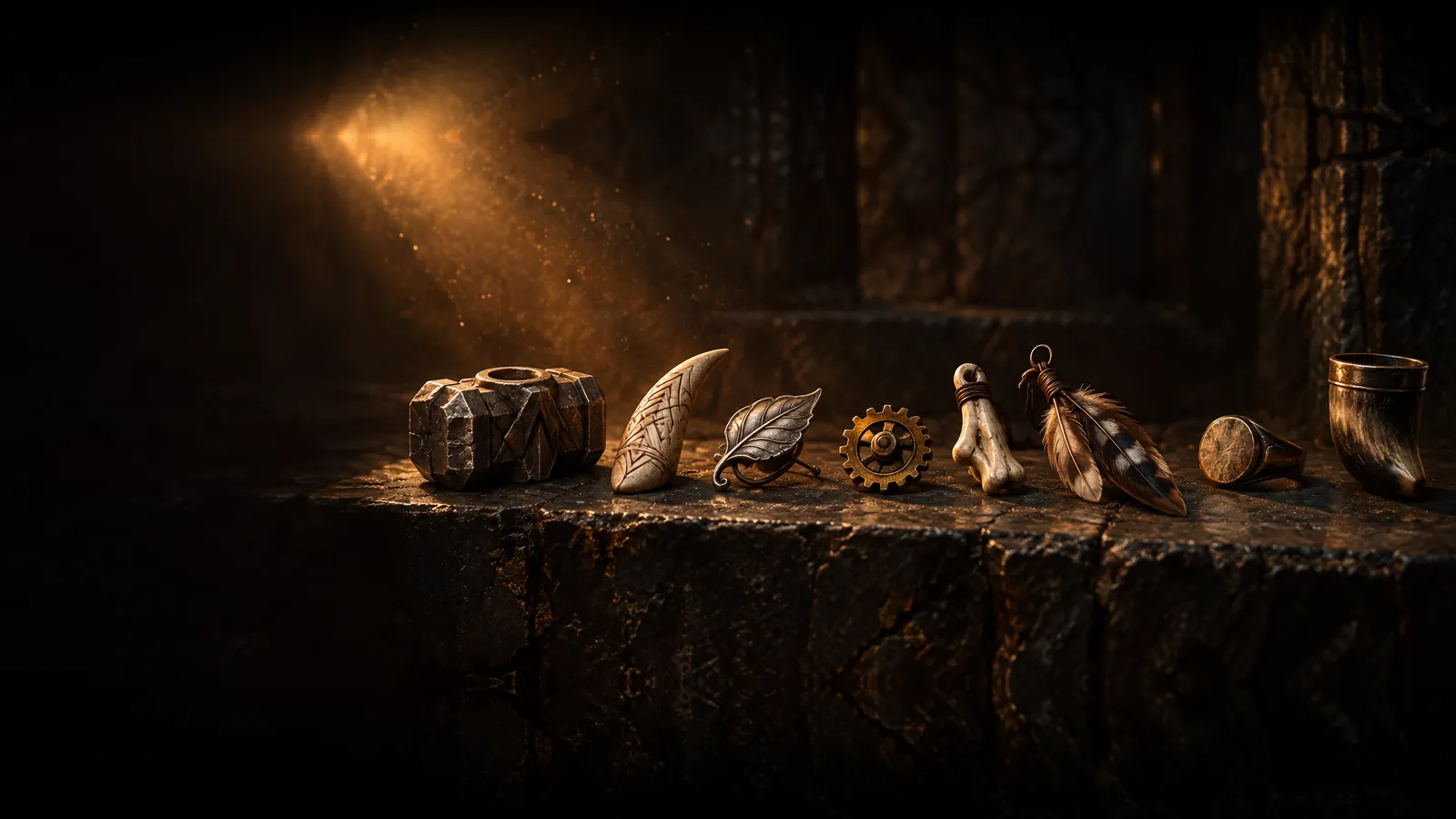 A row of eight old keepsakes on a stone ledge, from a dwarven hammer head to a small horn cup