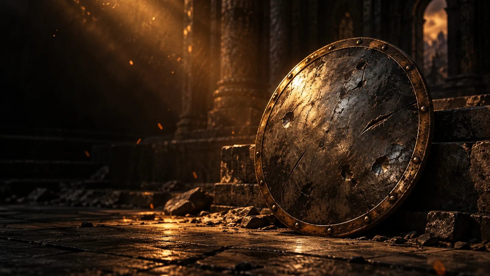 A battered round shield leaning against a stone step in a dark ruined hall, lit by a single shaft of ember light