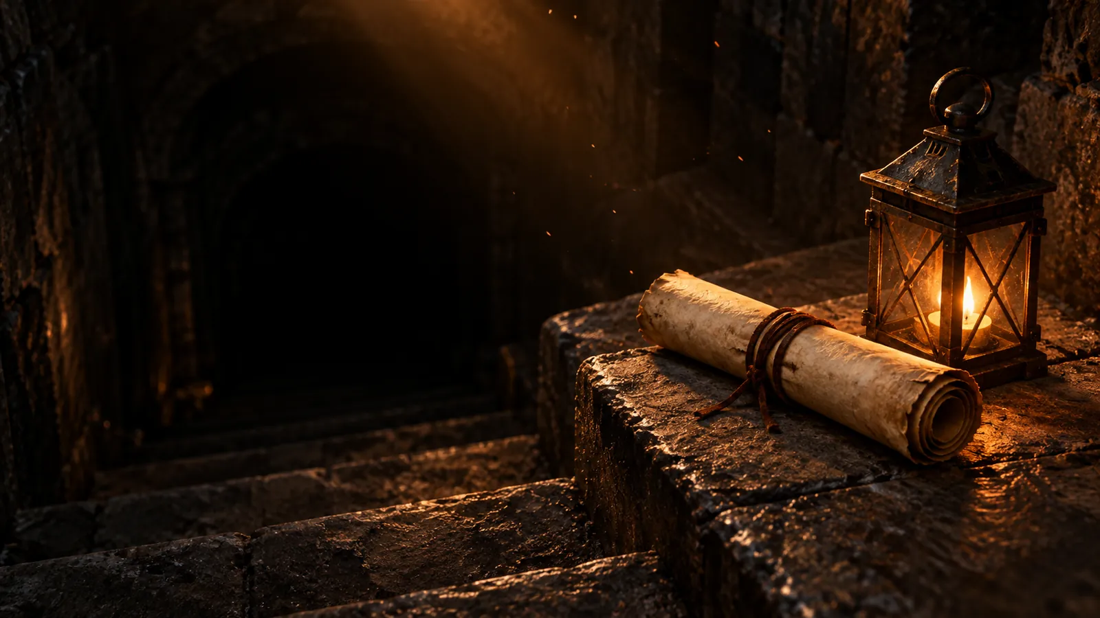 A rolled parchment tied with a leather cord on the top step of a dark stone stair down into a dungeon, beside an iron lantern burning low