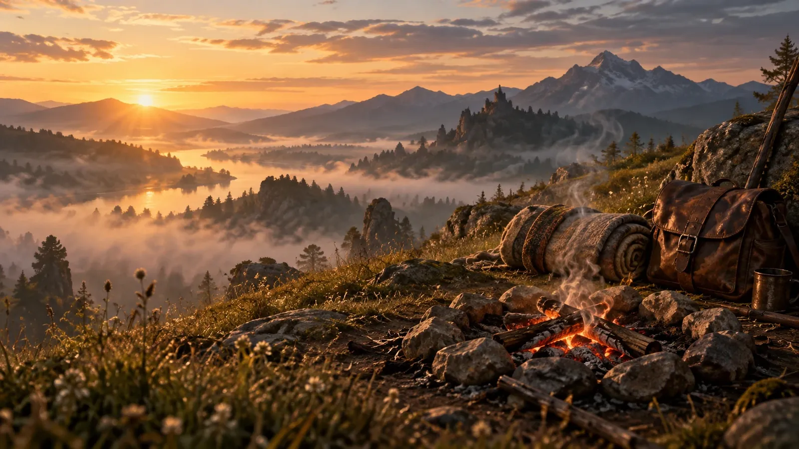 A camp at dawn on a hill above a misty valley, the last embers of a campfire still smoking beside a packed bedroll, for the end of the WoW Forever beta