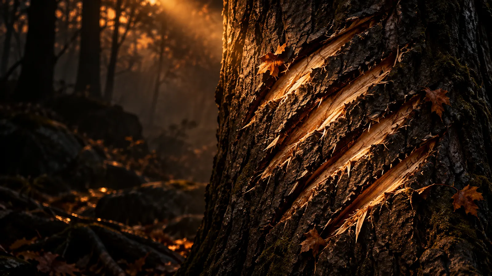 Four deep claw gashes torn through the bark of an ancient tree in a dark forest at dusk