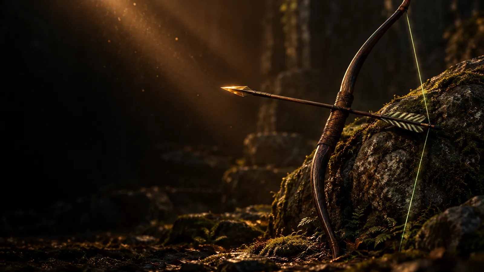 An arrow nocked on a dark longbow leaning against a mossy stone, its head catching the light