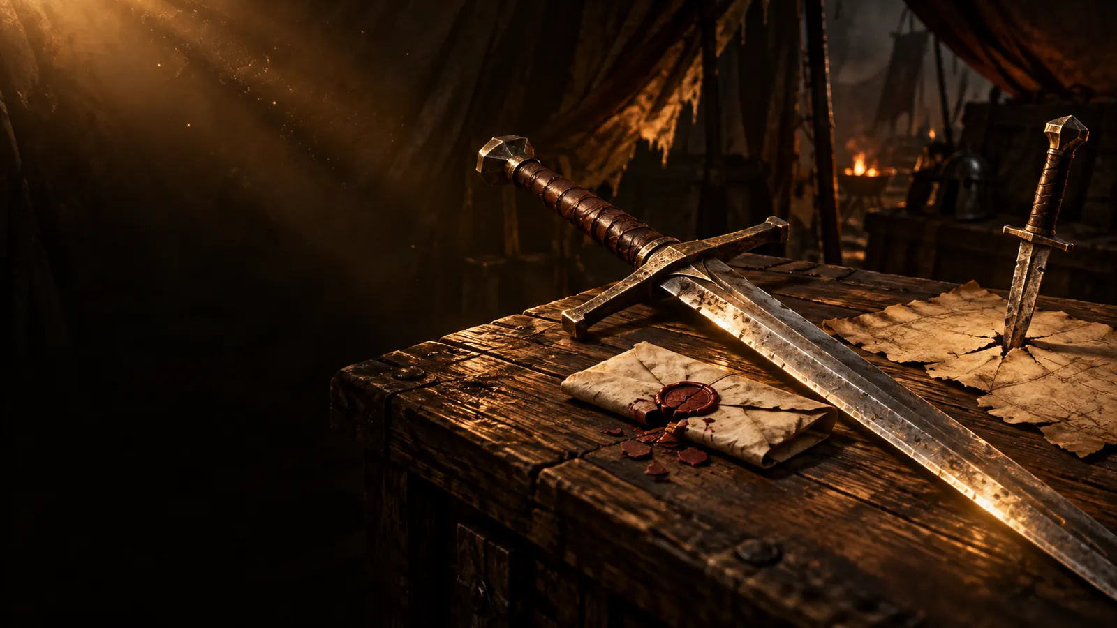 A battle-worn sword on a war table beside a sealed letter and a dagger pinning a torn order