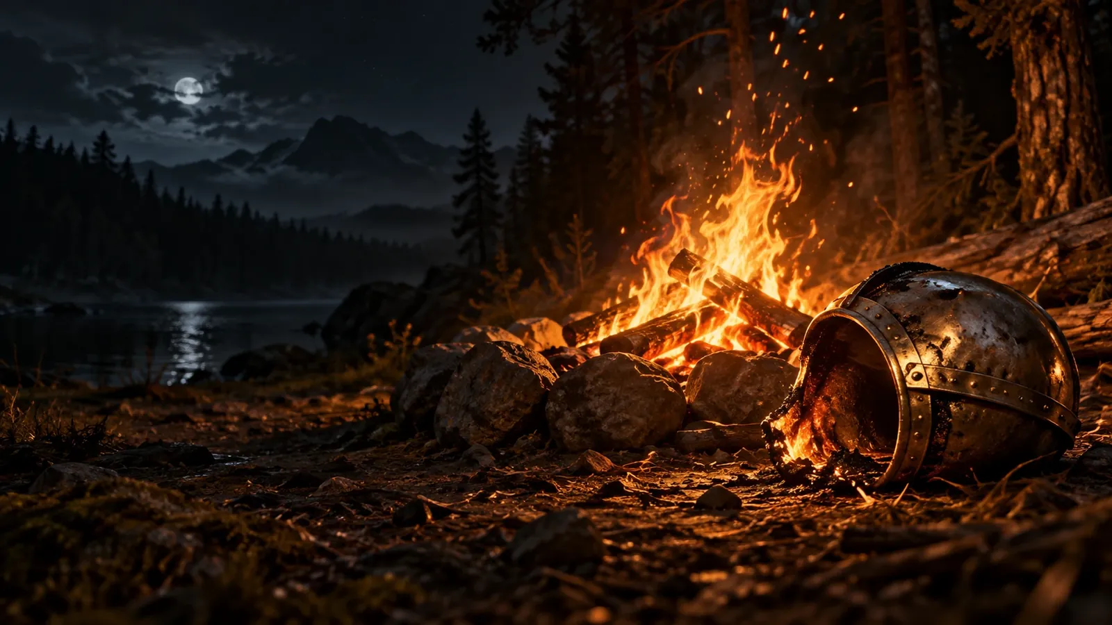 A crackling campfire in a ring of stones at night, sparks rising, with a dropped helmet lying too close to the flames, for campfire damage in WoW Forever