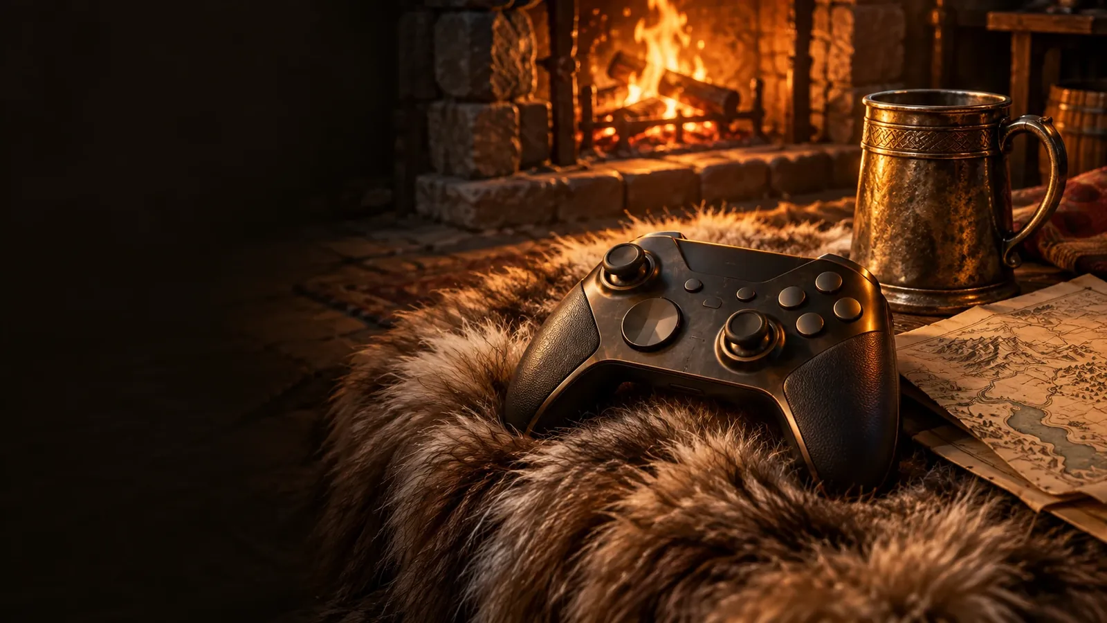 A worn game controller resting on a fur rug in front of a stone hearth, firelight on its buttons, for playing WoW Forever with a gamepad