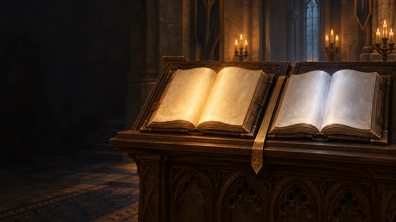 Two open tomes on a carved lectern, one glowing gold and one silver, in a candlelit stone hall, for WoW Forever's dual specialization
