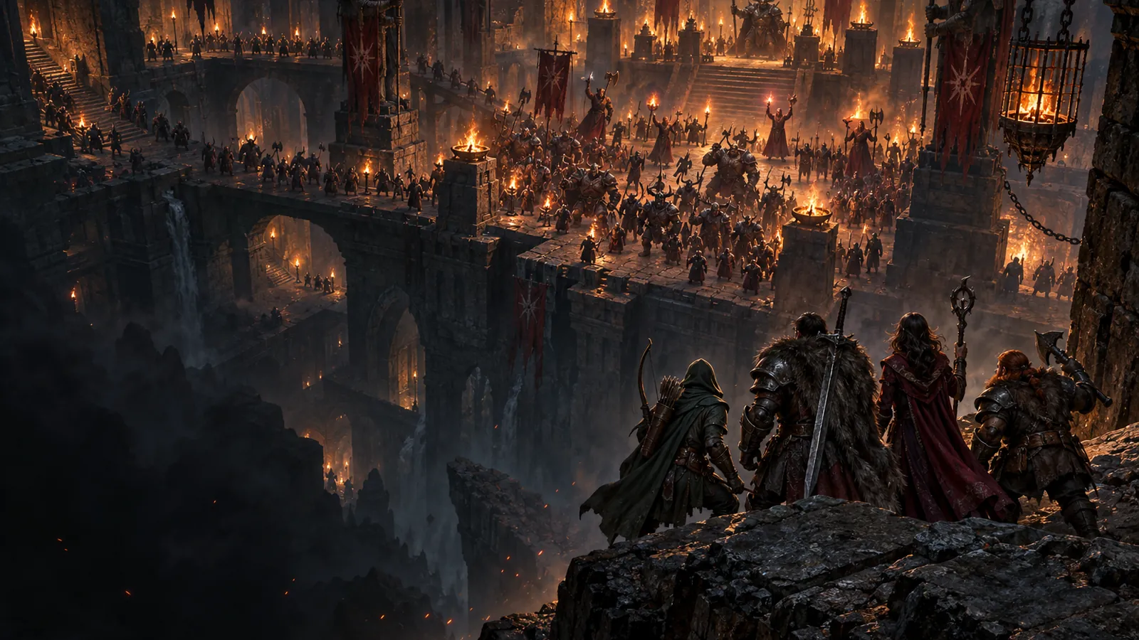 An adventuring party on a ledge looking down on a torch-lit dungeon hall full of armed enemies, for WoW Forever dungeons hitting harder than Classic