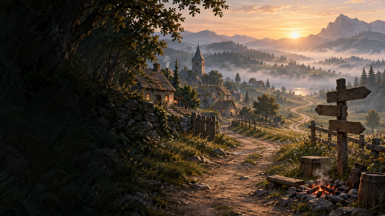 A dirt path leading out of a quiet village at sunrise, past a wooden signpost and a campfire's last embers, for the first hour in WoW Forever