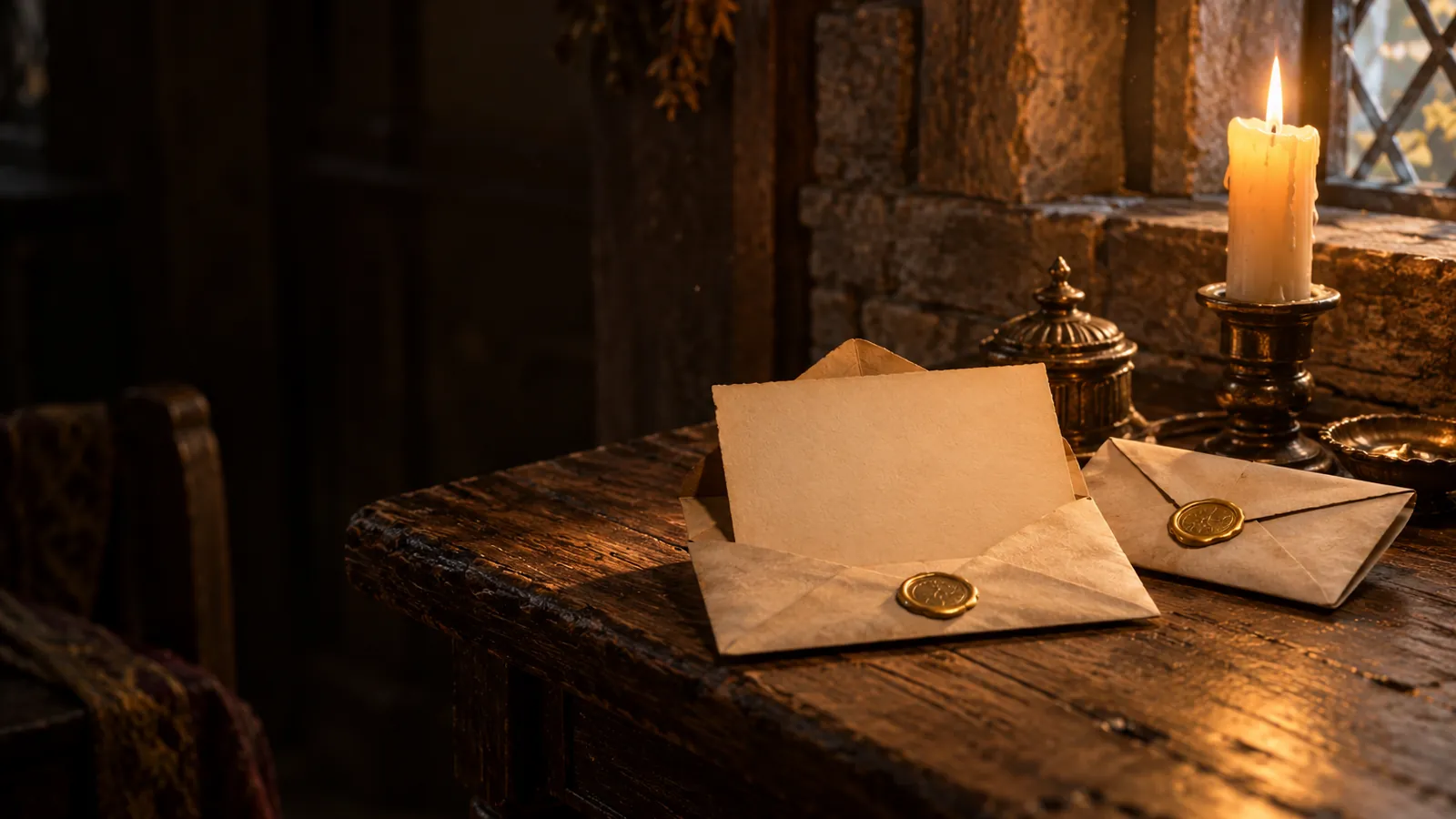 Two letters sealed with gold wax and an opened blank invitation card by a candle, for WoW Forever Invite-A-Friend codes