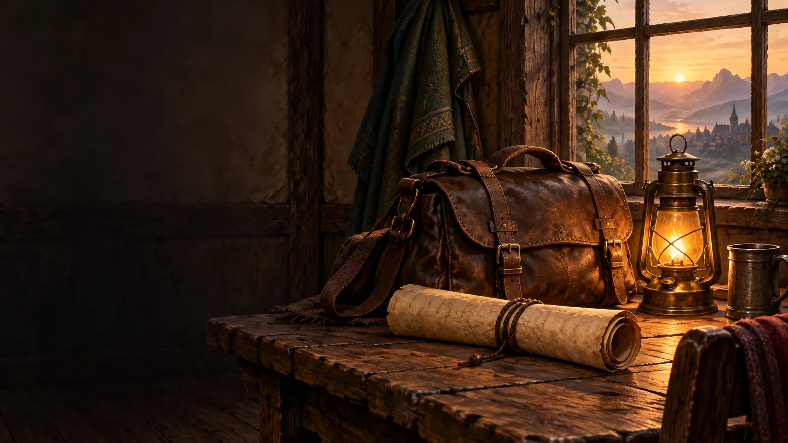 A leather satchel, a rolled map and a lit lantern on an inn table by a window at dawn, a cloak on a peg, for the WoW Forever launch checklist