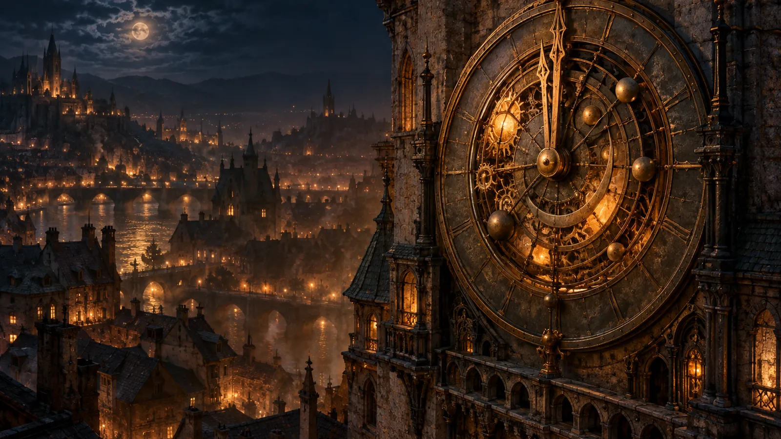 A great bronze clock on a tower above a city at night, its hands near the hour, for WoW Forever's launch time on November 4