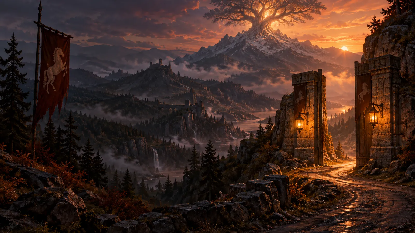 A road through an open stone gateway under horse banners, toward a mountain crowned by a glowing world tree at dusk, for WoW Forever's new zones Riverglades and Mount Hyjal