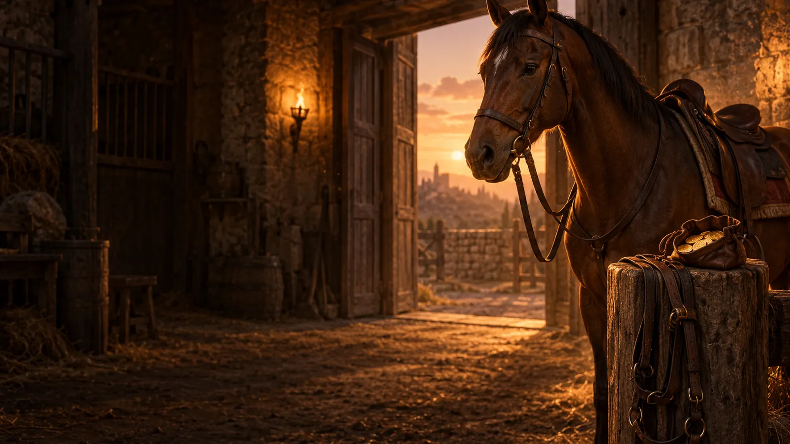 A saddled horse in a torch-lit stable at dusk beside a bridle and a pouch of gold coins, for WoW Forever's mount level and cost