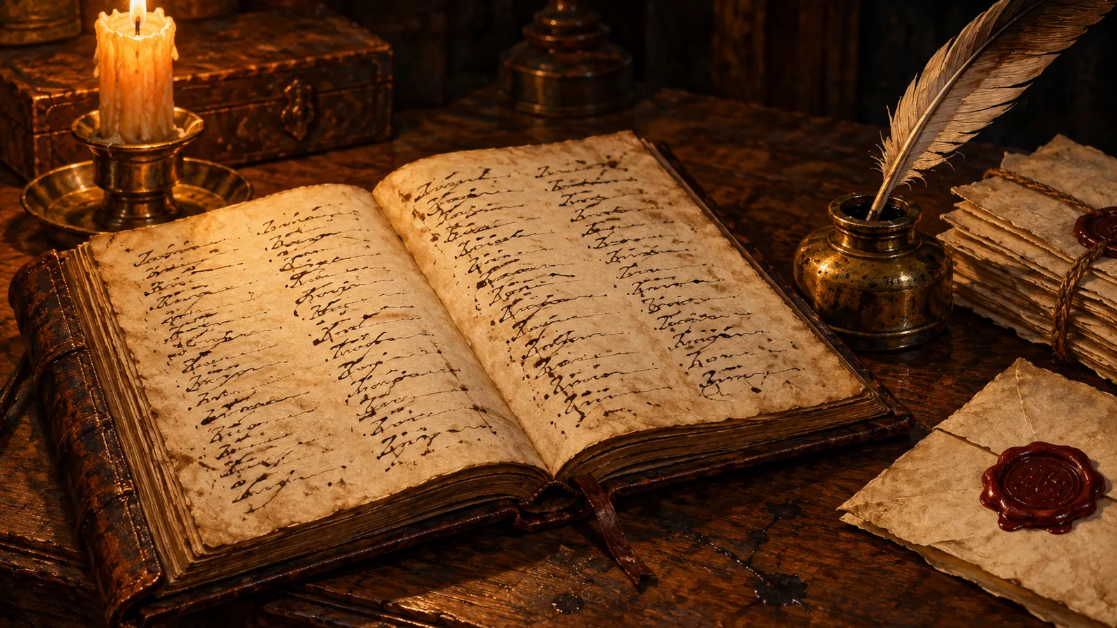 A quill and an inkwell beside a ledger of names on a wooden desk lit by a candle, for WoW Forever name reservation