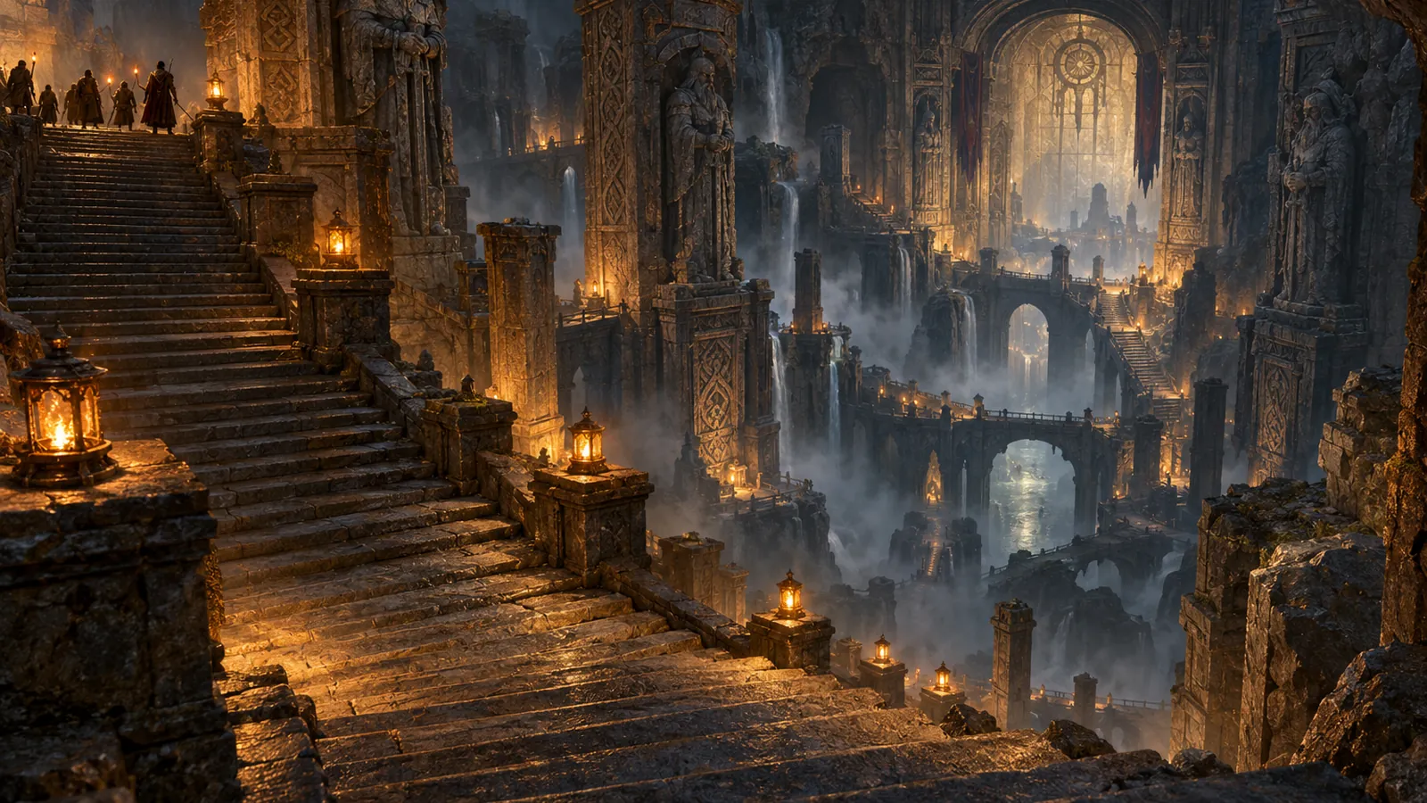 A stone stairway descending into a lantern-lit ruin beneath a mountain, for the nine new dungeons of WoW Forever