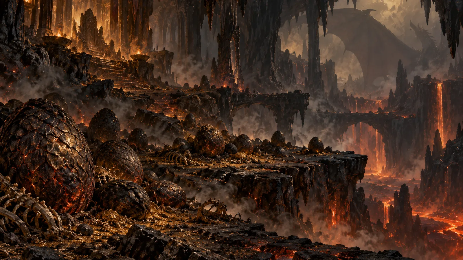 A dragon's lair of black stone and embers with a great egg-strewn ledge, for the WoW Forever raids opening December 9