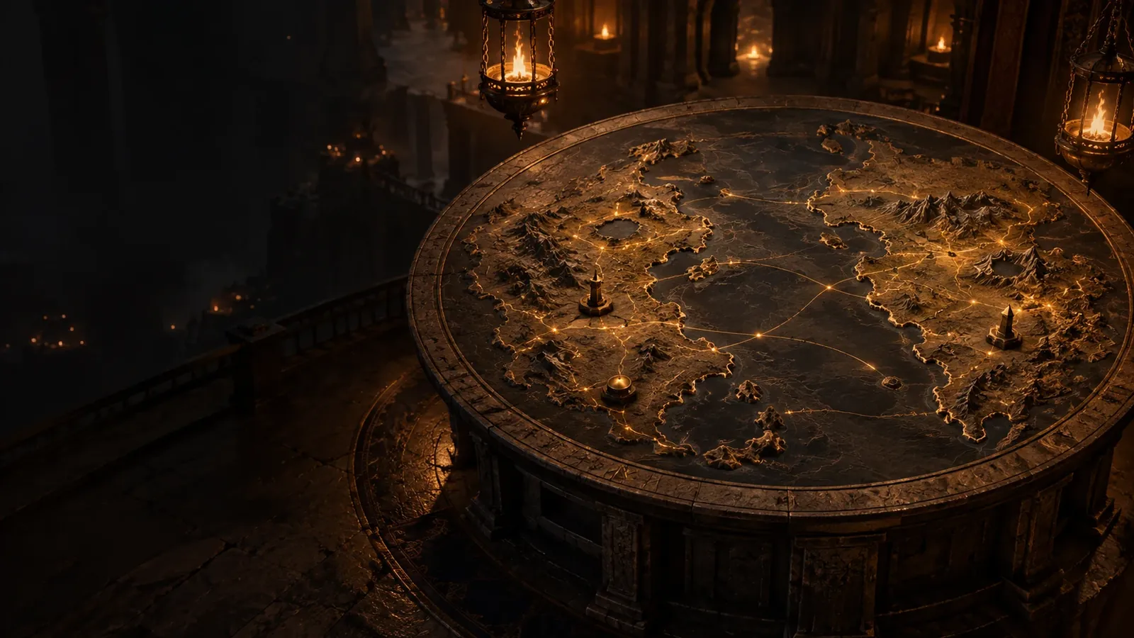 A great round stone table with a carved map of the world, lit by hanging lanterns, with paths of light linking distant cities, for WoW Forever's servers and regions
