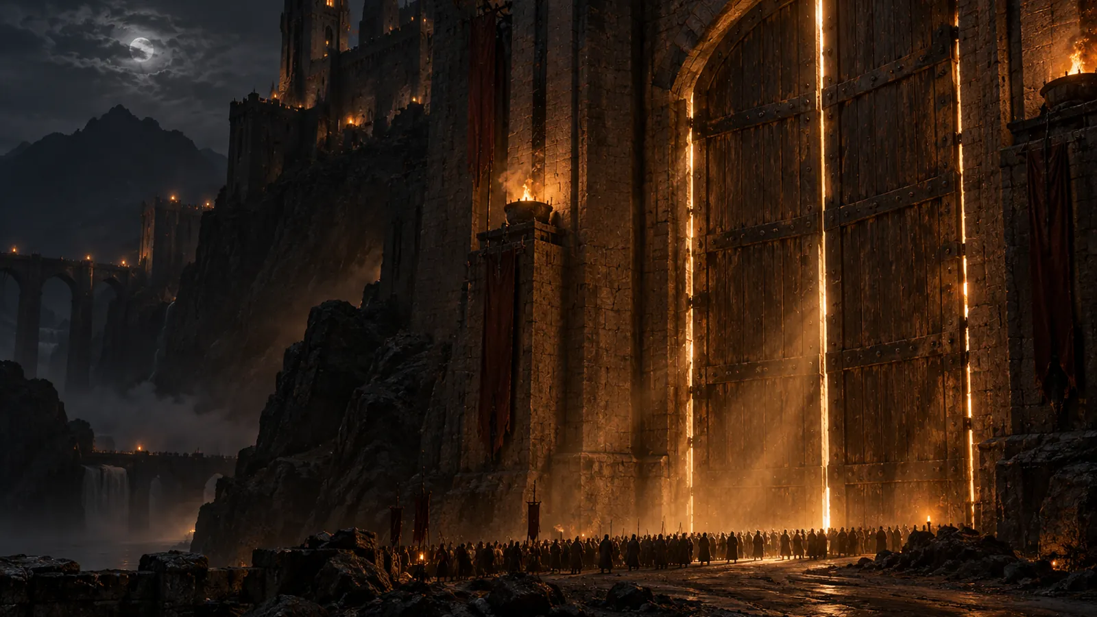 A huge castle gate at night with light pouring through its cracks and a crowd waiting outside, for the WoW Forever stress test on October 21