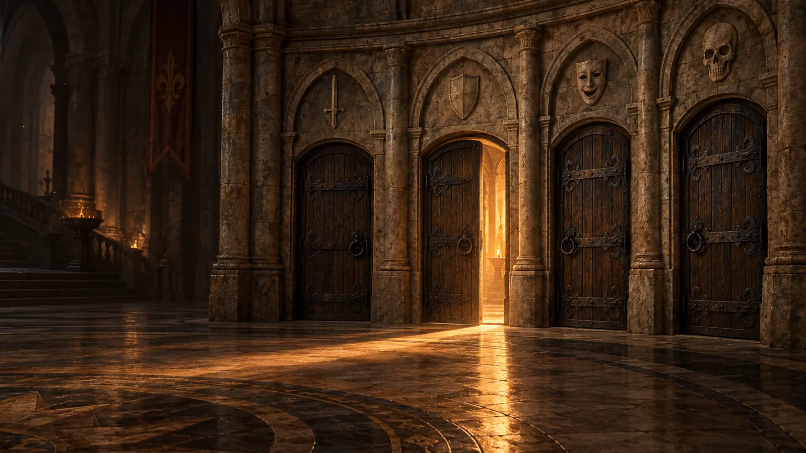 Four iron-bound doors under a sword, a shield, a mask and a skull, one open with light spilling out, for choosing a WoW Forever ruleset