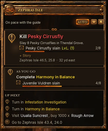 A janela do BoF Guide no jogo na Ilha de Zefras: Mate Cirromosca Irritante, 2 de 8