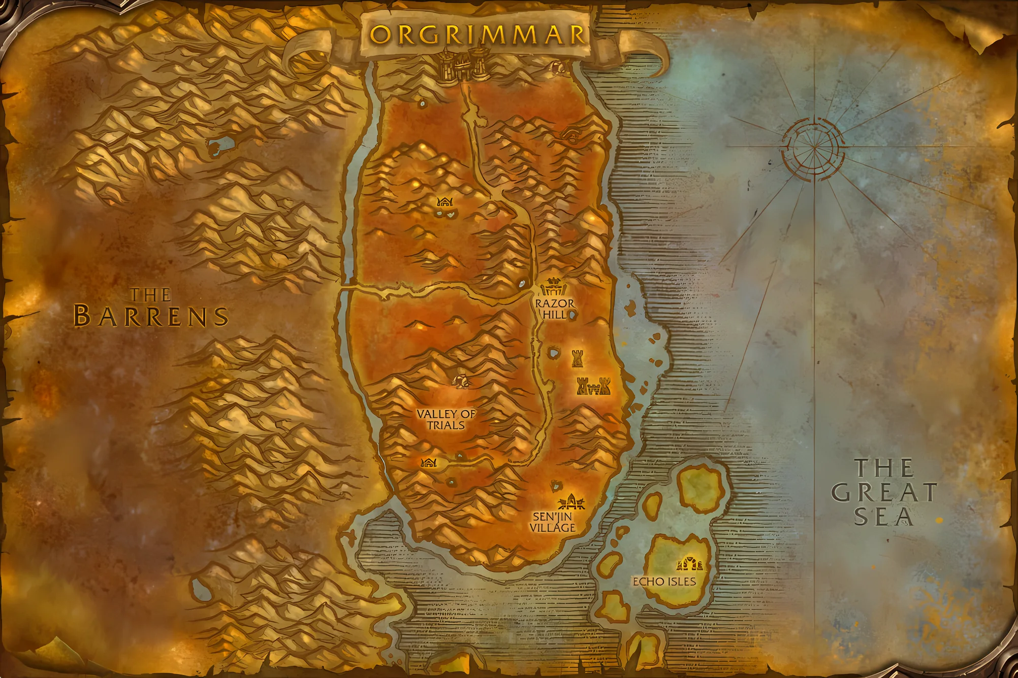 The game's map of Durotar, with where The New Horde is taken, worked and handed in