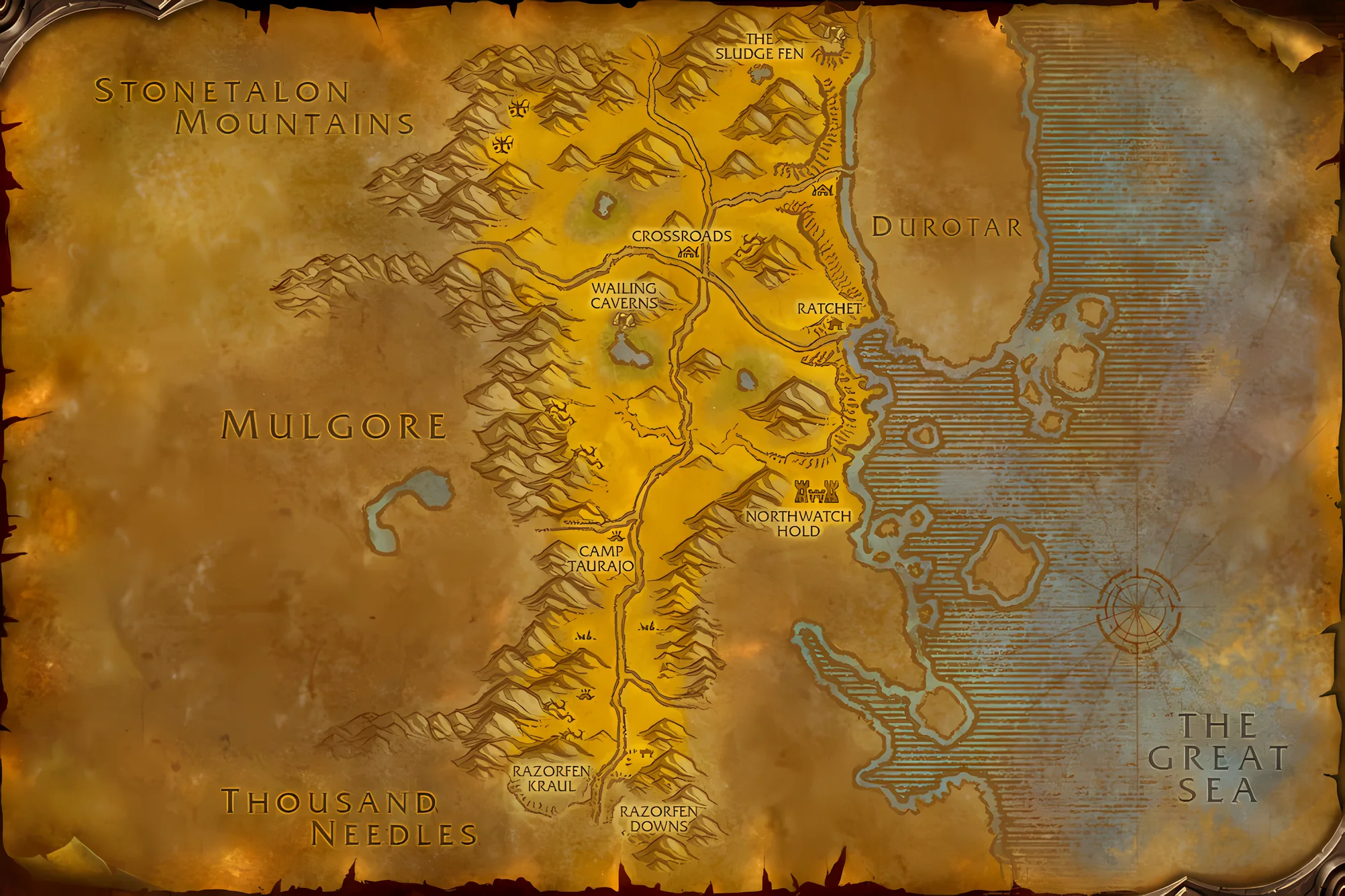 The game's map of The Barrens, with where Centaur Bracers is taken, worked and handed in