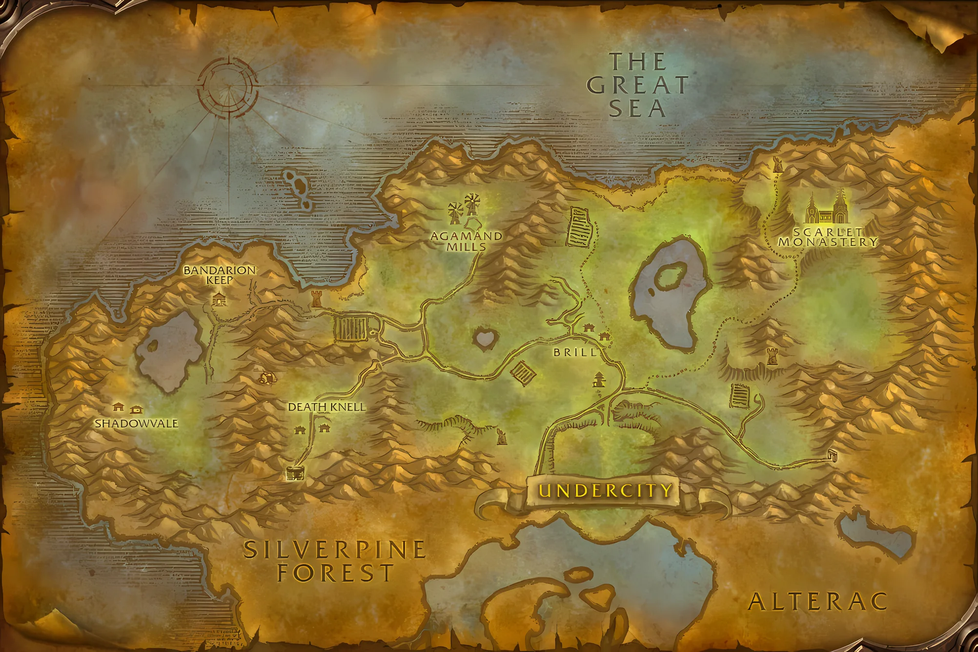 The game's map of Tirisfal Glades, with where The Haunted Mills is taken, worked and handed in