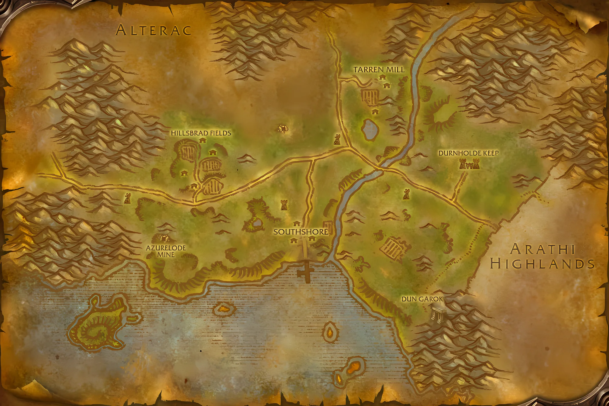 The game's map of Hillsbrad Foothills, with where Elixir of Pain is taken, worked and handed in