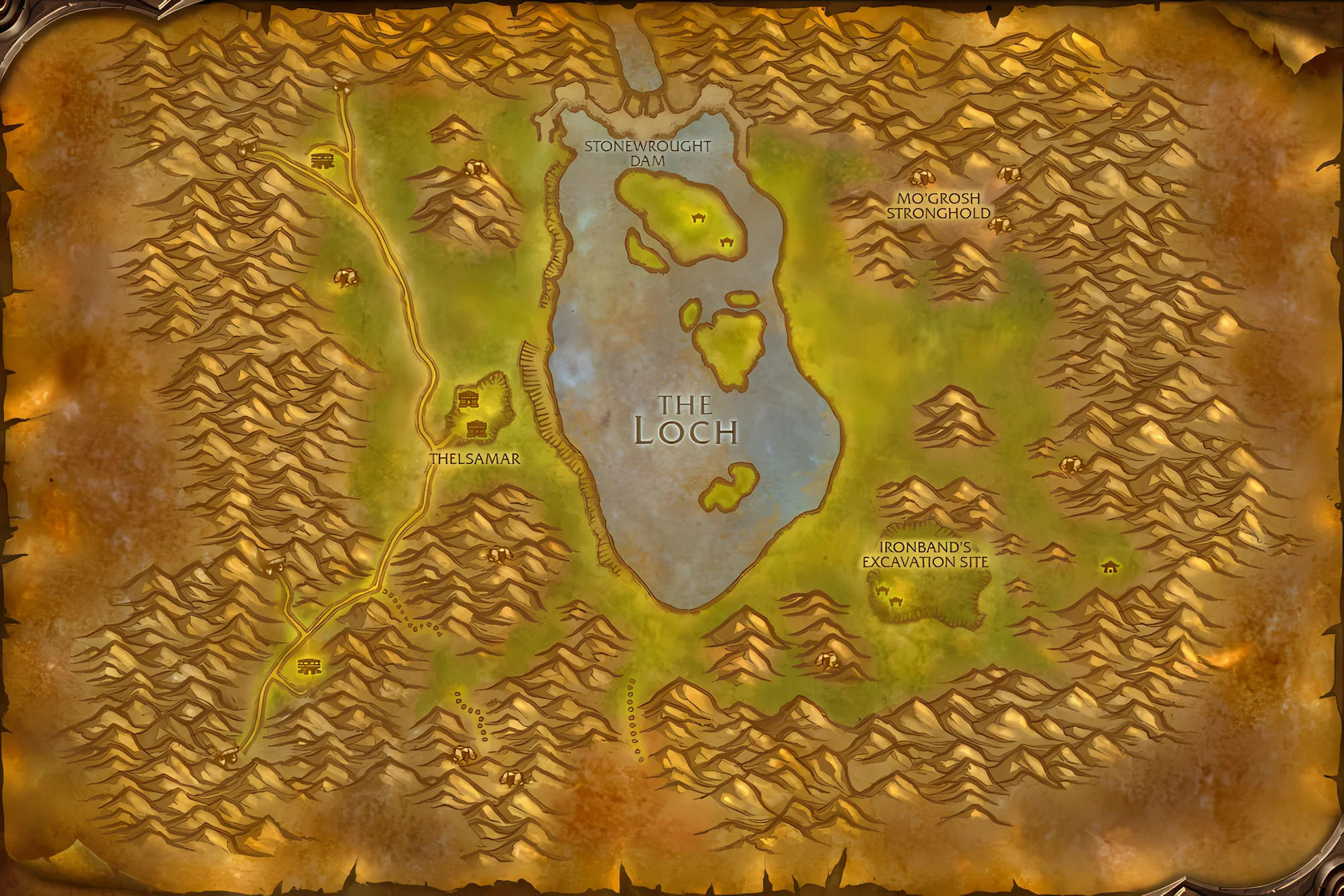 The game's map of Loch Modan, with where A Dark Threat Looms is taken, worked and handed in