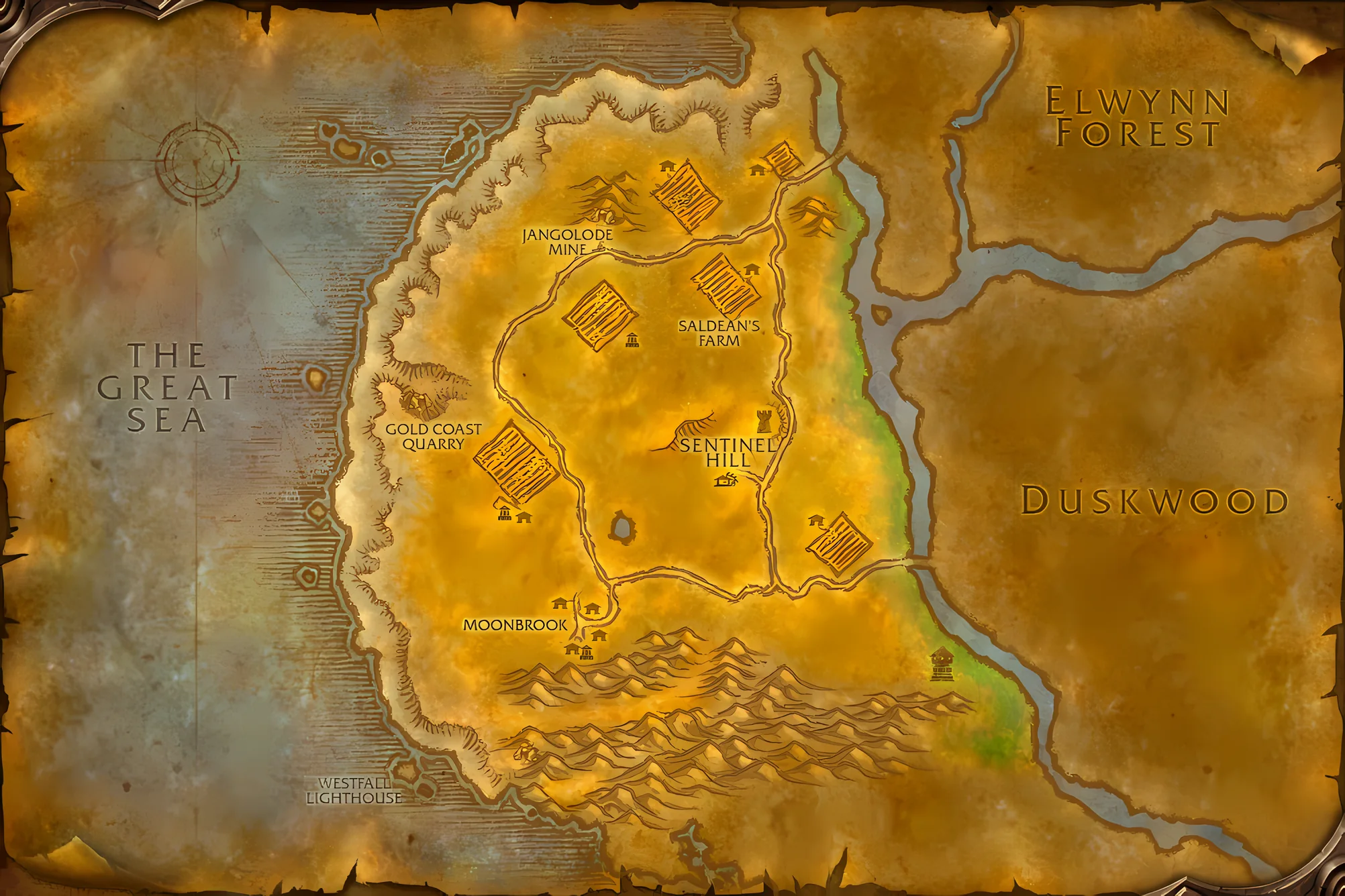 The game's map of Westfall, with where Patrolling Westfall is taken, worked and handed in