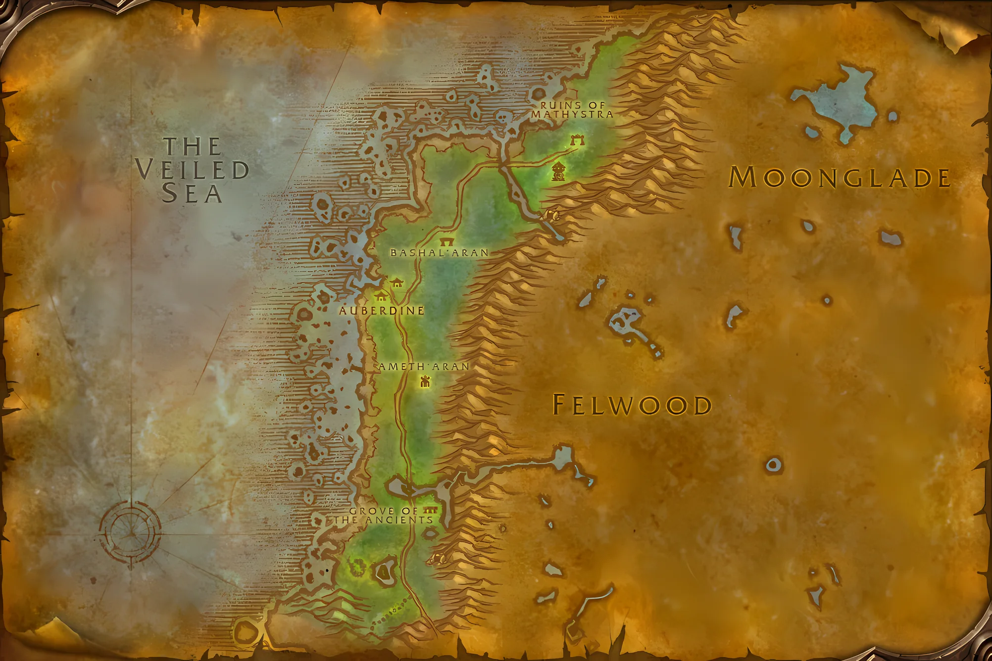 The game's map of Darkshore, with where Buzzbox 323 is taken, worked and handed in