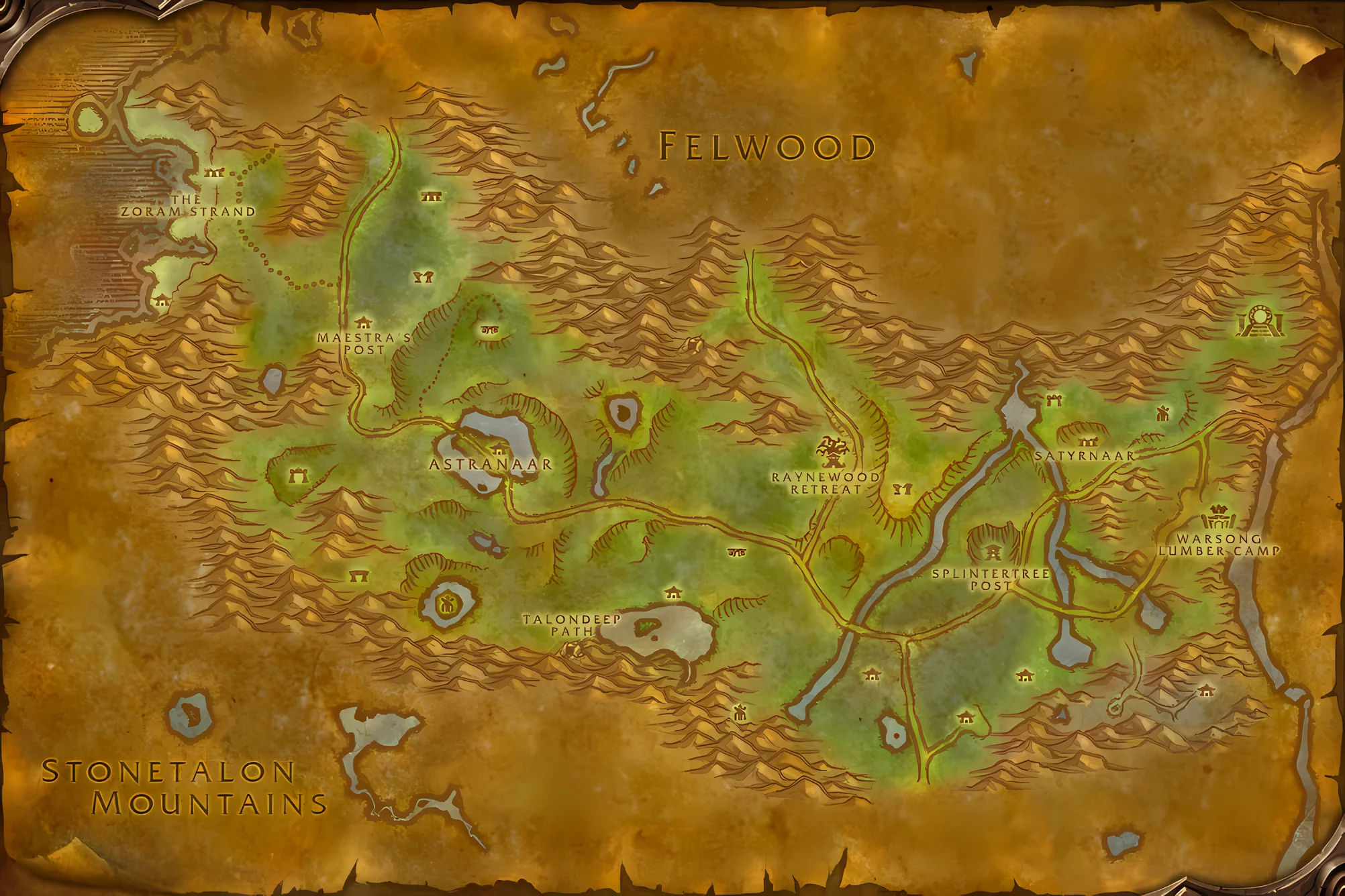 The game's map of Ashenvale, with where The Ancient Statuette is taken, worked and handed in