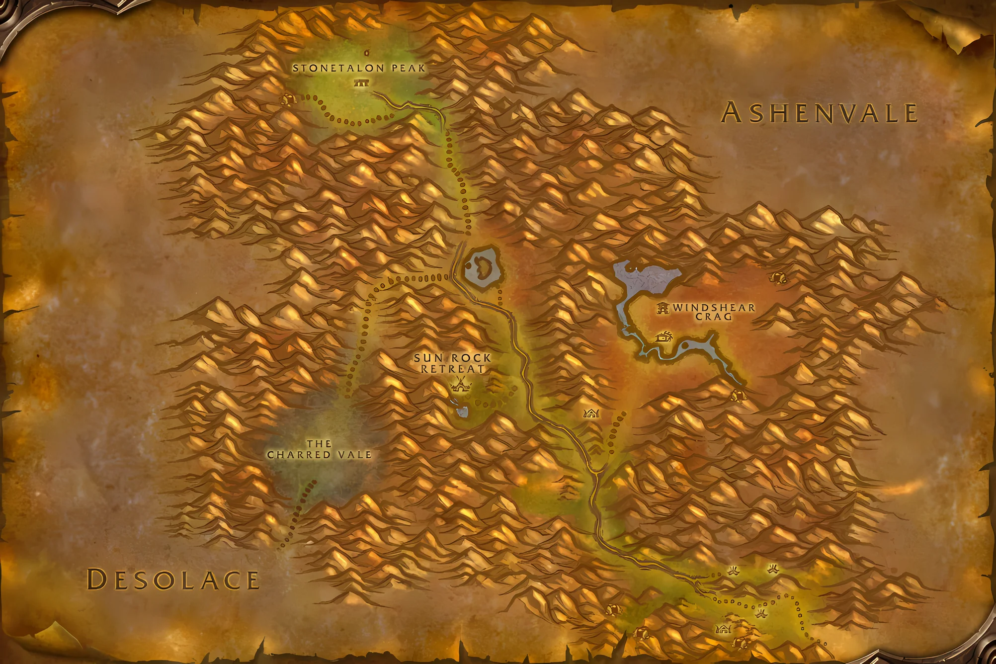 The game's map of Stonetalon Mountains, with where Arachnophobia is taken, worked and handed in