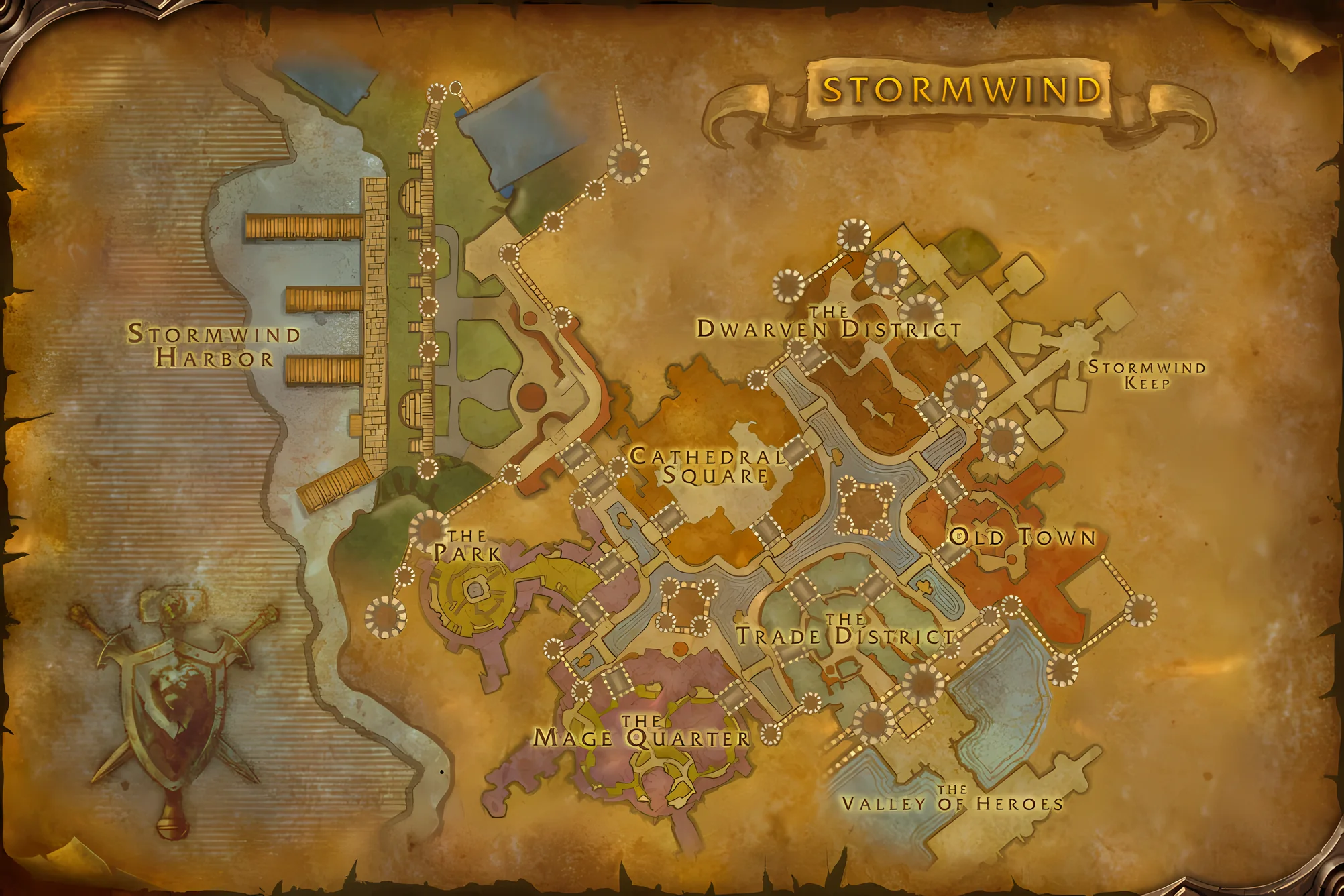 The game's map of Stormwind City, with where The Defias Brotherhood is taken, worked and handed in