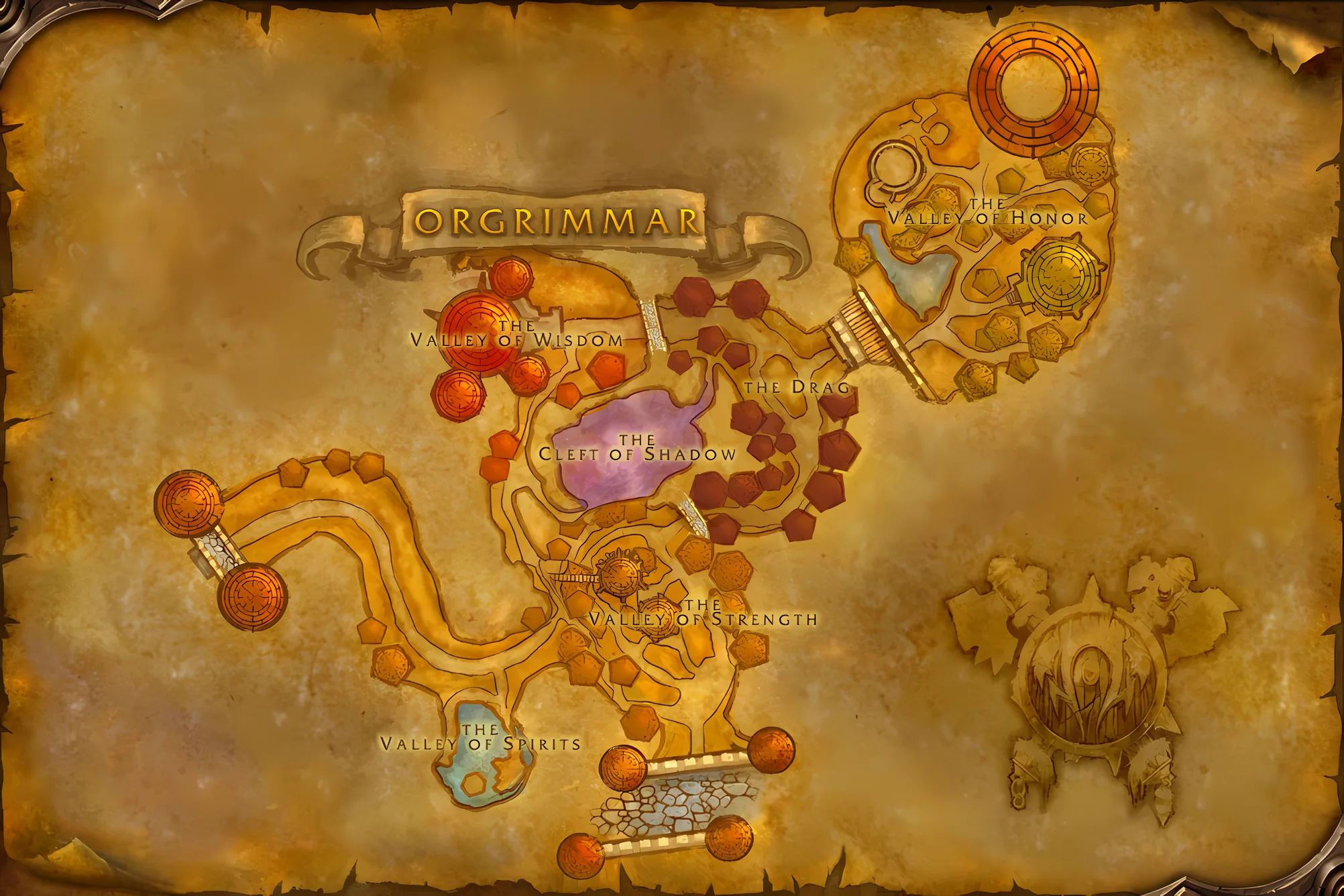 The game's map of Orgrimmar, with where The New Horde is taken, worked and handed in