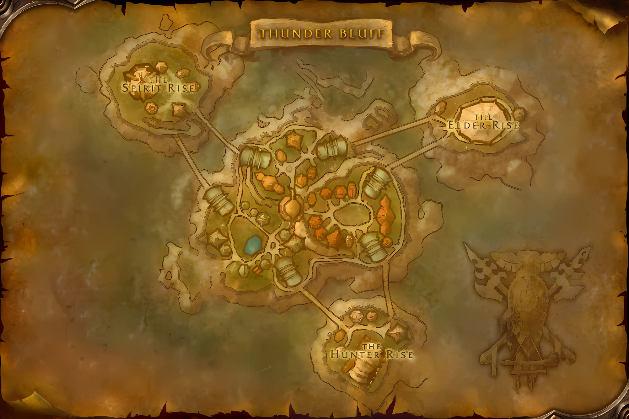 The game's map of Thunder Bluff, with where Training the Beast is taken, worked and handed in