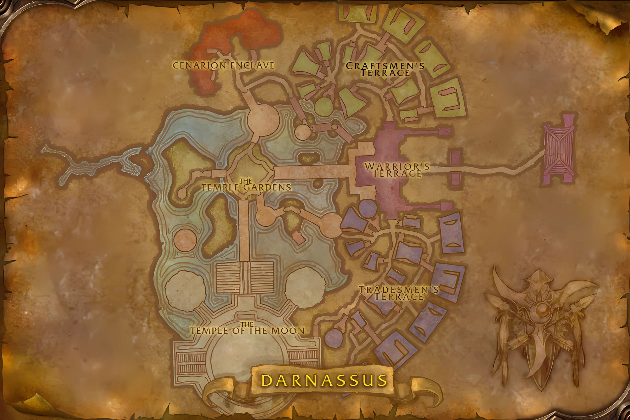 The game's map of Darnassus, with where The Temple of the Moon is taken, worked and handed in